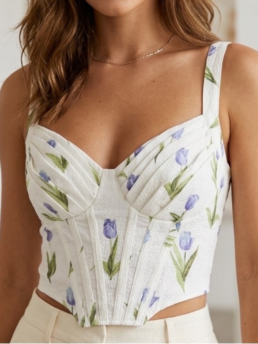 NWT Cider Tulip Floral Corset Crop Top Cream Purple Bustier Tank Cottagecore XS